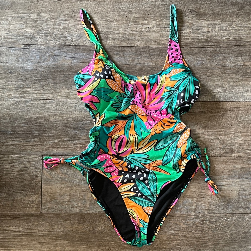 Hurley Tropical Floral Cutout One-Piece Swimsuit - Green/Pink